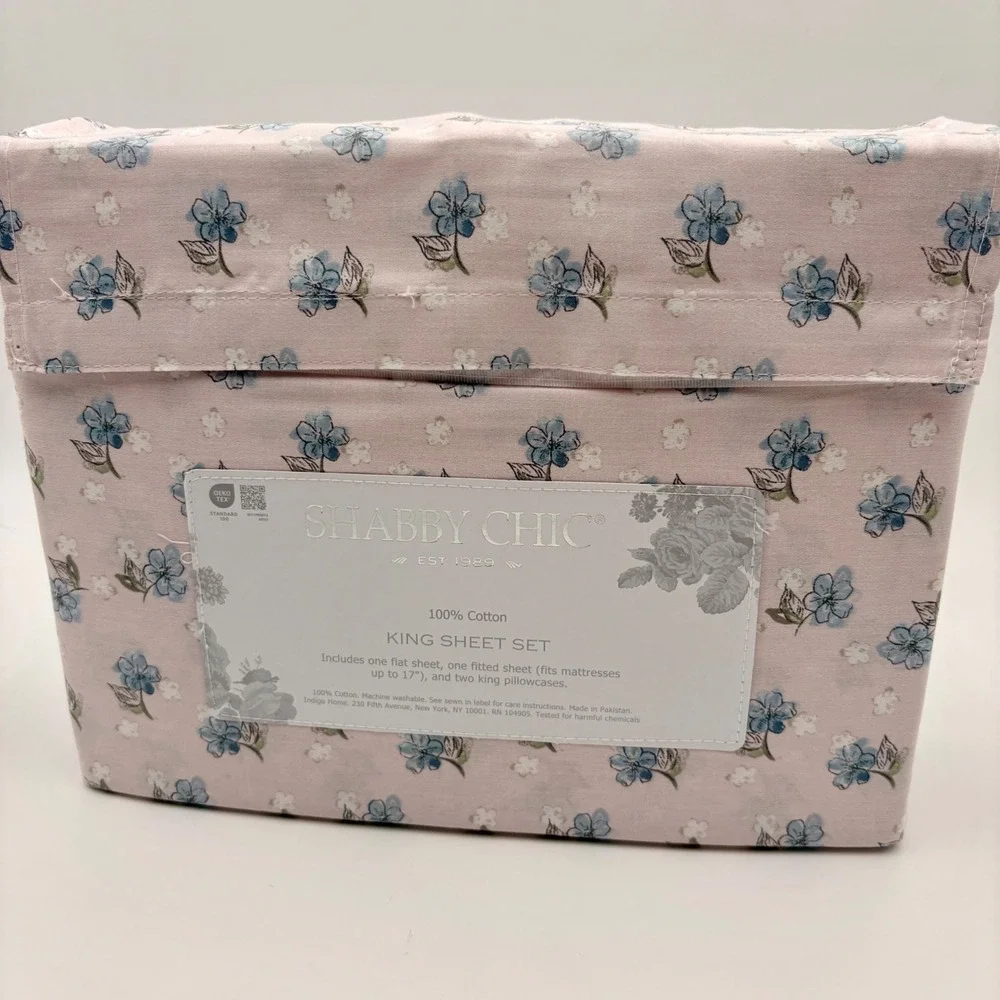 Shabby Chic King Sheet Set 100% Cotton Pink Blue Floral 4pc Cottagecore Bedding